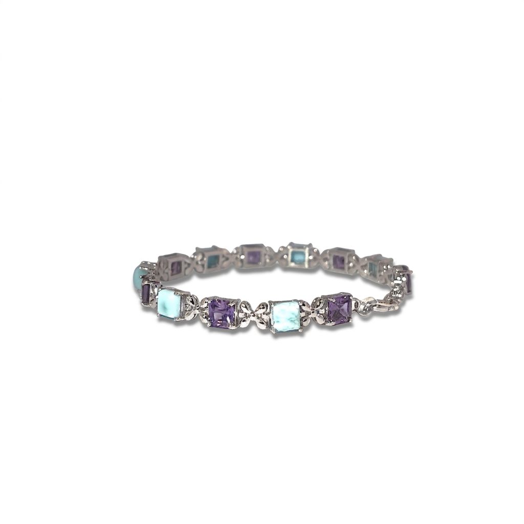 Sterling Silver 925 Bracelet, set with 3 Larimar Blue stones and 3 Amethyst Blue stones, female style.