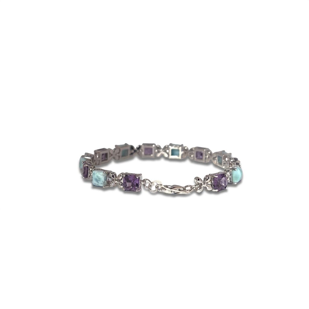 Sterling Silver 925 Bracelet, set with 3 Larimar Blue stones and 3 Amethyst Blue stones, female style.
