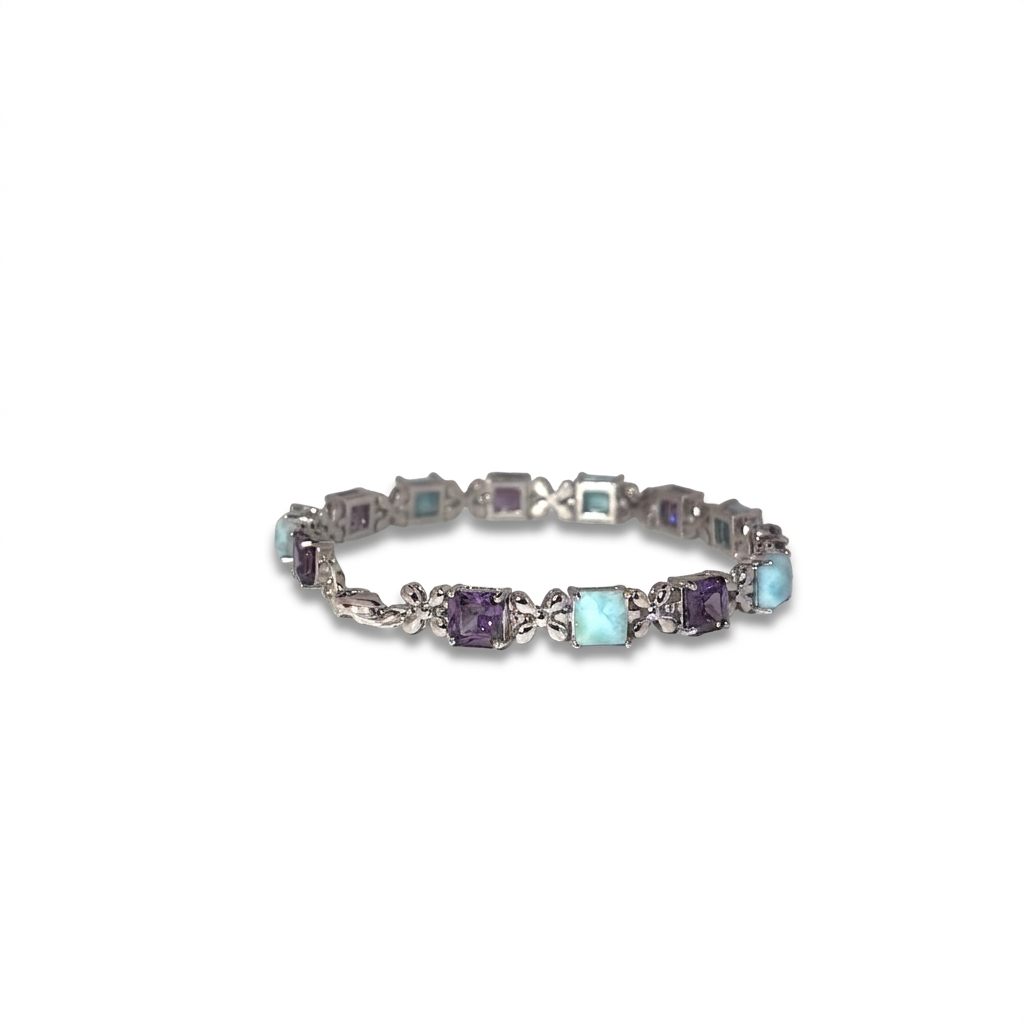 Sterling Silver 925 Bracelet, set with 3 Larimar Blue stones and 3 Amethyst Blue stones, female style.