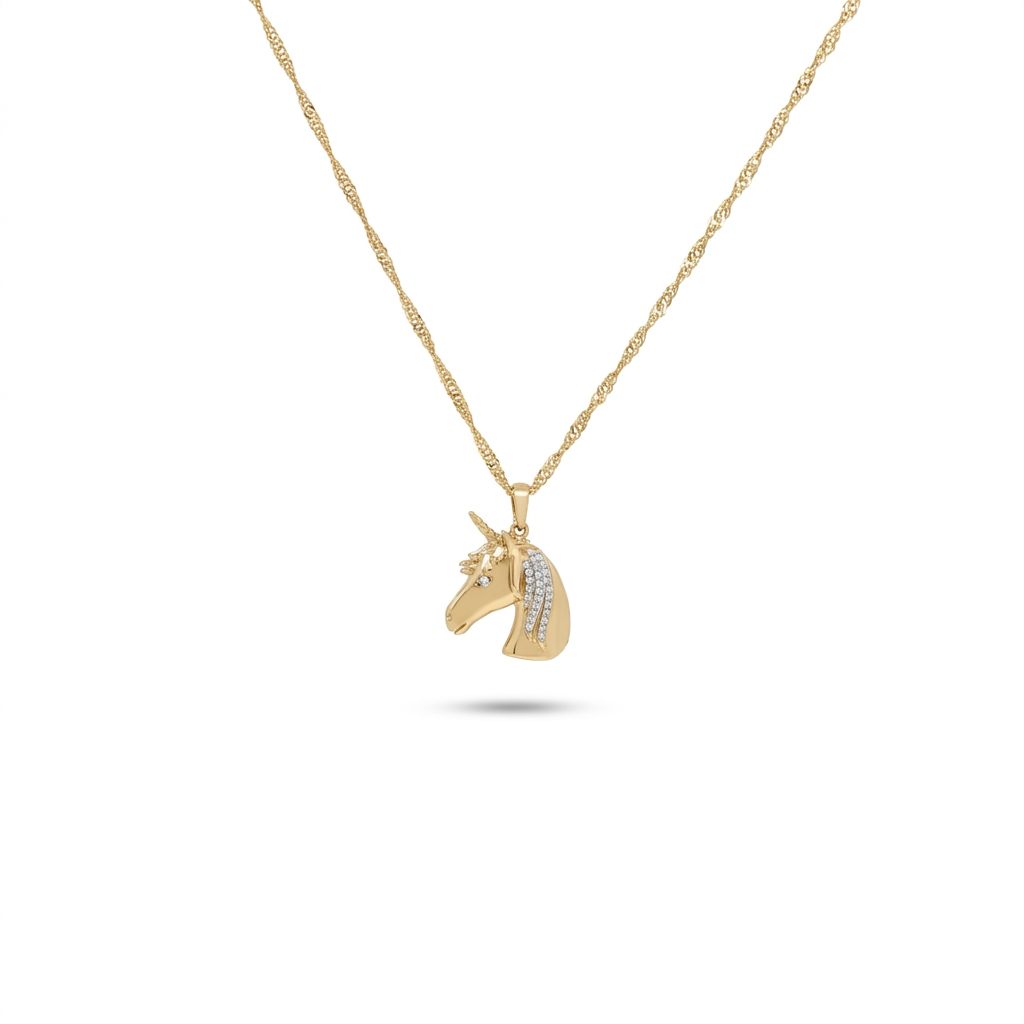 Unicorn Fashion Gift Pendent with Chain, Natural Diamonds(1/20 CTW), 10K Yellow Gold