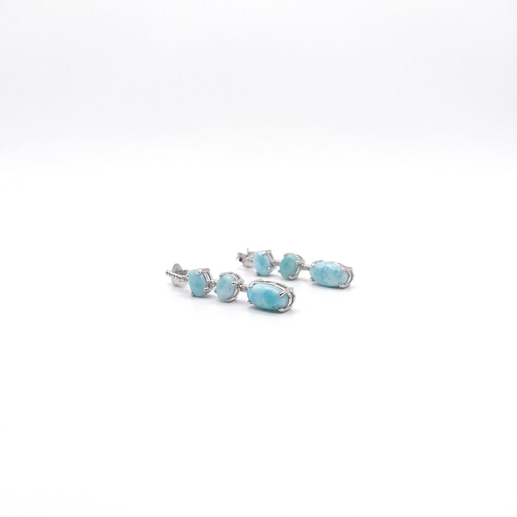 Sterling Silver (925) Earrings, each set with 3 Larimar stones totaling 6 pcs.