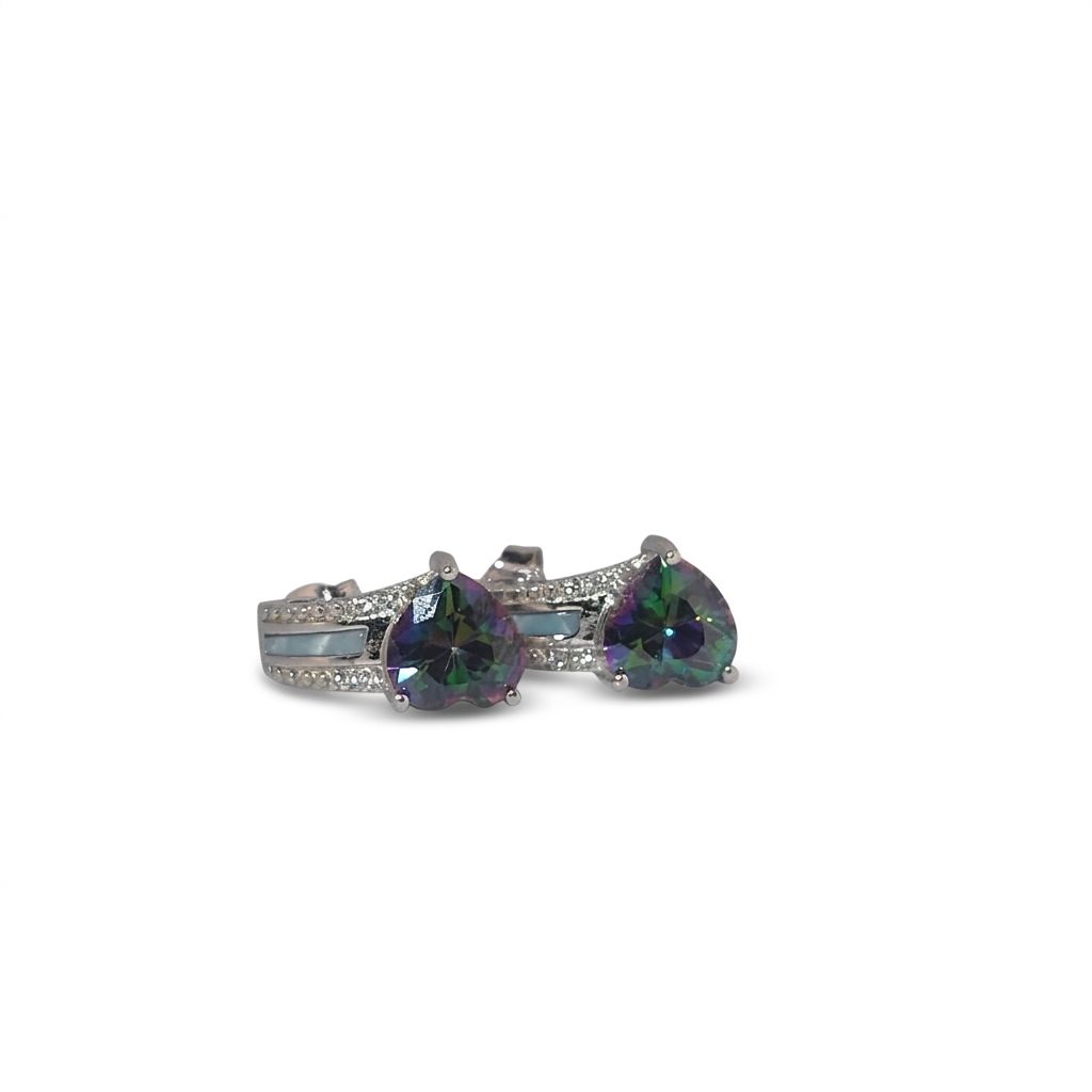 Sterling Silver 925 Rhodium Plated Earrings, set with 2 Trillion Mystic Topaz stones, accented with clear stones and white inlay detailing.