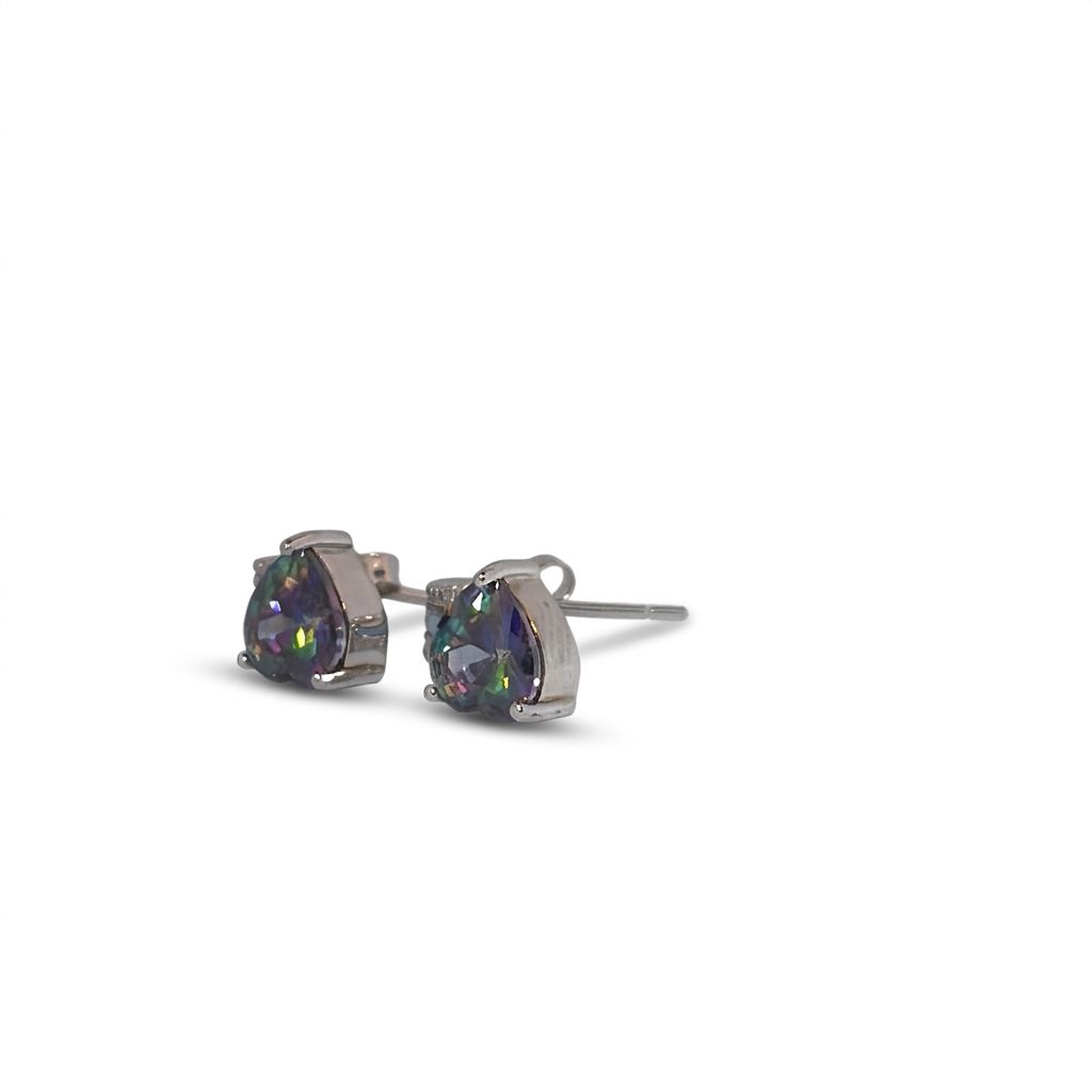 Sterling Silver 925 Rhodium Plated Earrings, set with 2 Trillion Mystic Topaz stones, accented with clear stones and white inlay detailing.