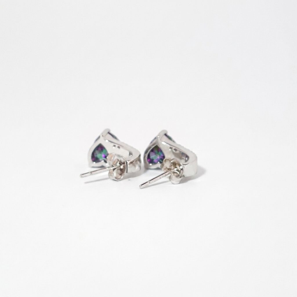 Sterling Silver 925 Rhodium Plated Earrings, set with 2 Trillion Mystic Topaz stones, accented with clear stones and white inlay detailing.