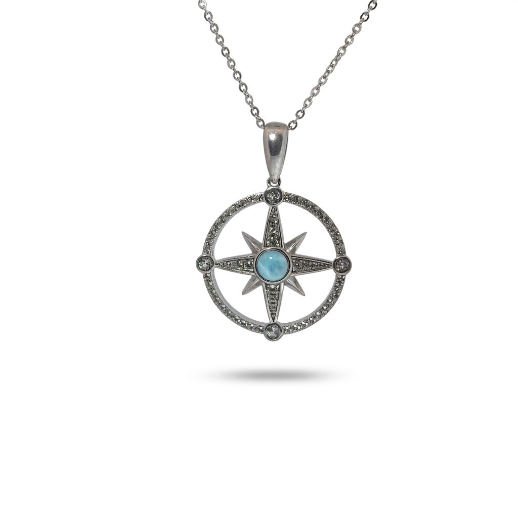 Larimar Compass Pendant Chain; White Topaz; 925 Sterling Silver