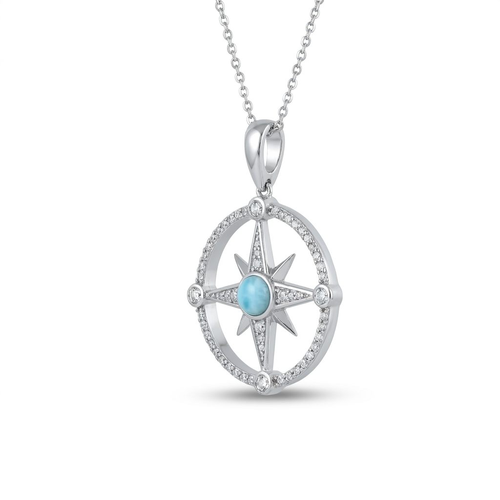 Larimar Compass Pendant Chain; White Topaz; 925 Sterling Silver