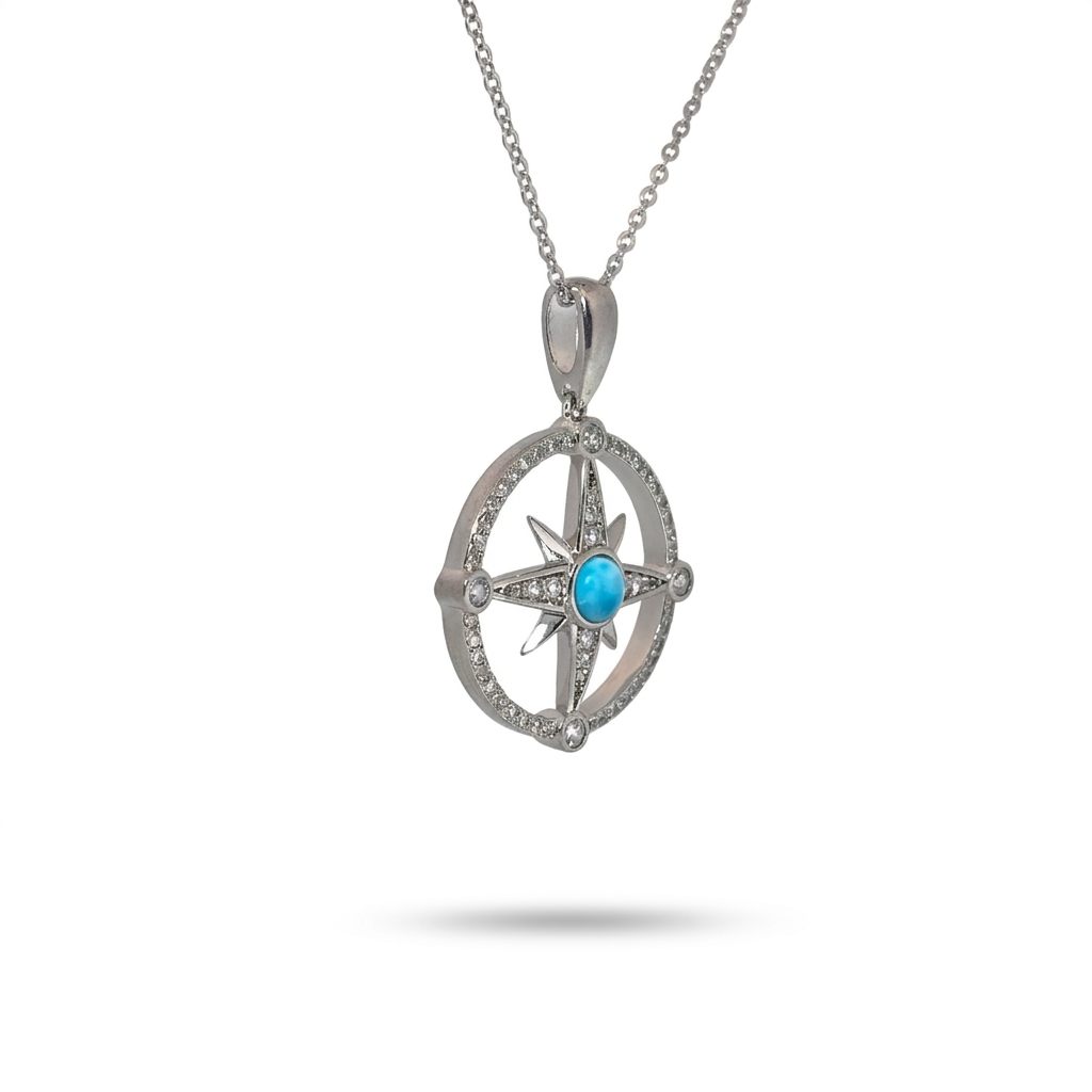 Larimar Compass Pendant Chain; White Topaz; 925 Sterling Silver