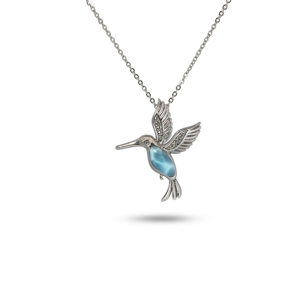 Larimar Hummingbird Pendant Chain; White Topaz; 925 Sterling Silver