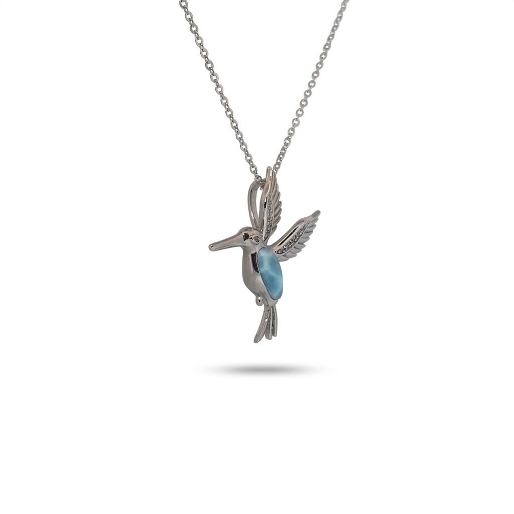 Larimar Hummingbird Pendant Chain; White Topaz; 925 Sterling Silver