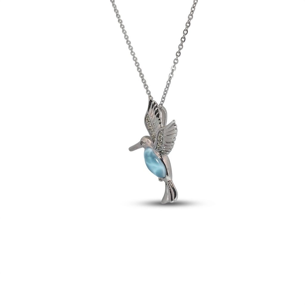 Larimar Hummingbird Pendant Chain; White Topaz; 925 Sterling Silver