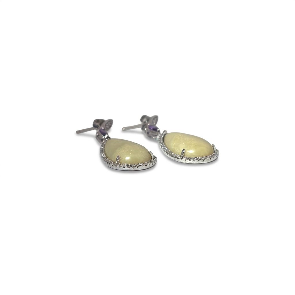 Diamond CZ Natural Agate Earring 925 Sterling Silver