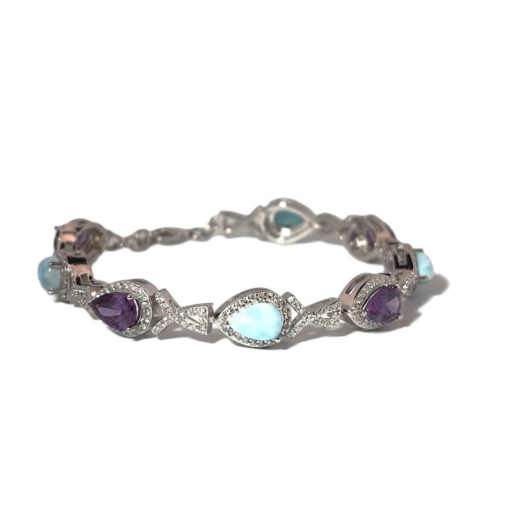 Sterling Silver Bracelet, set with 3 Larimar and 3 Amethyst stones, female design.