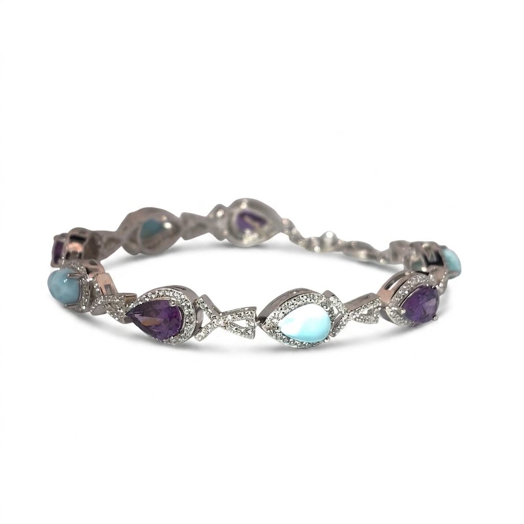 Sterling Silver Bracelet, set with 3 Larimar and 3 Amethyst stones, female design.