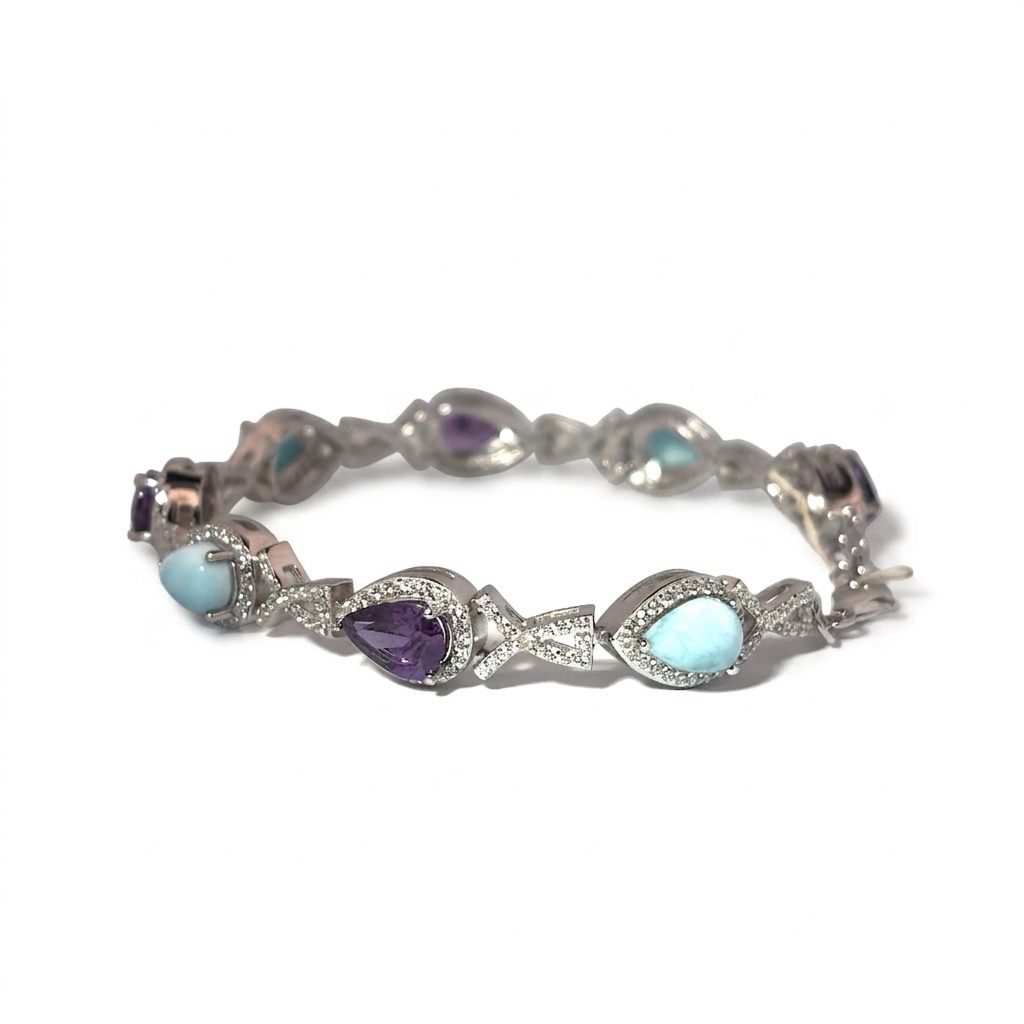 Sterling Silver Bracelet, set with 3 Larimar and 3 Amethyst stones, female design.