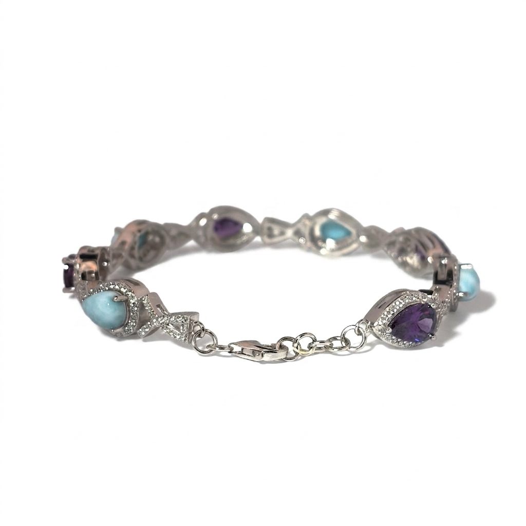 Sterling Silver Bracelet, set with 3 Larimar and 3 Amethyst stones, female design.