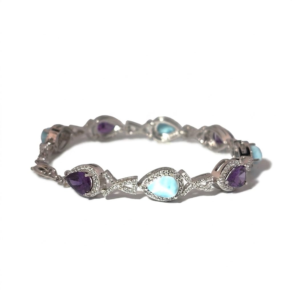 Sterling Silver Bracelet, set with 3 Larimar and 3 Amethyst stones, female design.