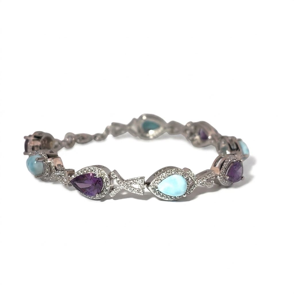 Sterling Silver Bracelet, set with 3 Larimar and 3 Amethyst stones, female design.