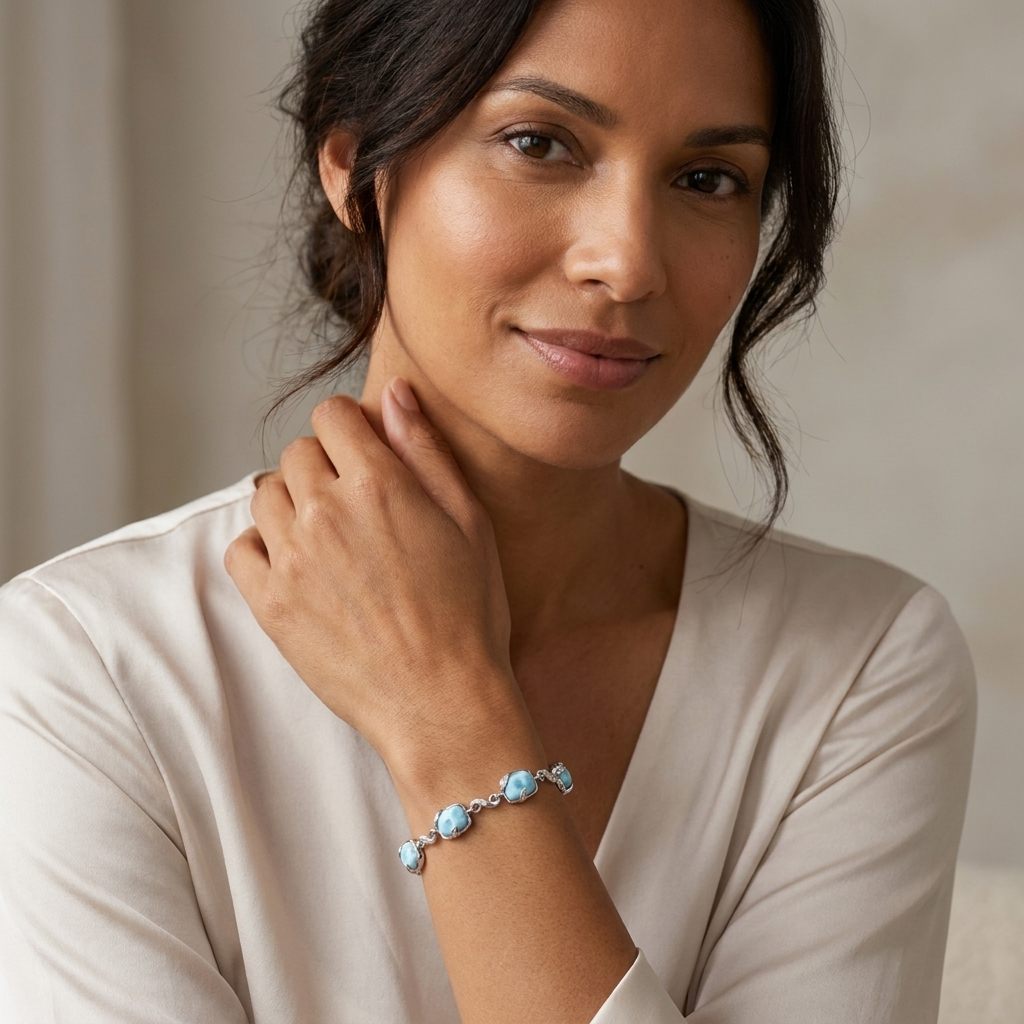 Sterling Silver 925 Bracelet with 6 Larimar Cabochon Stones, Female Design.