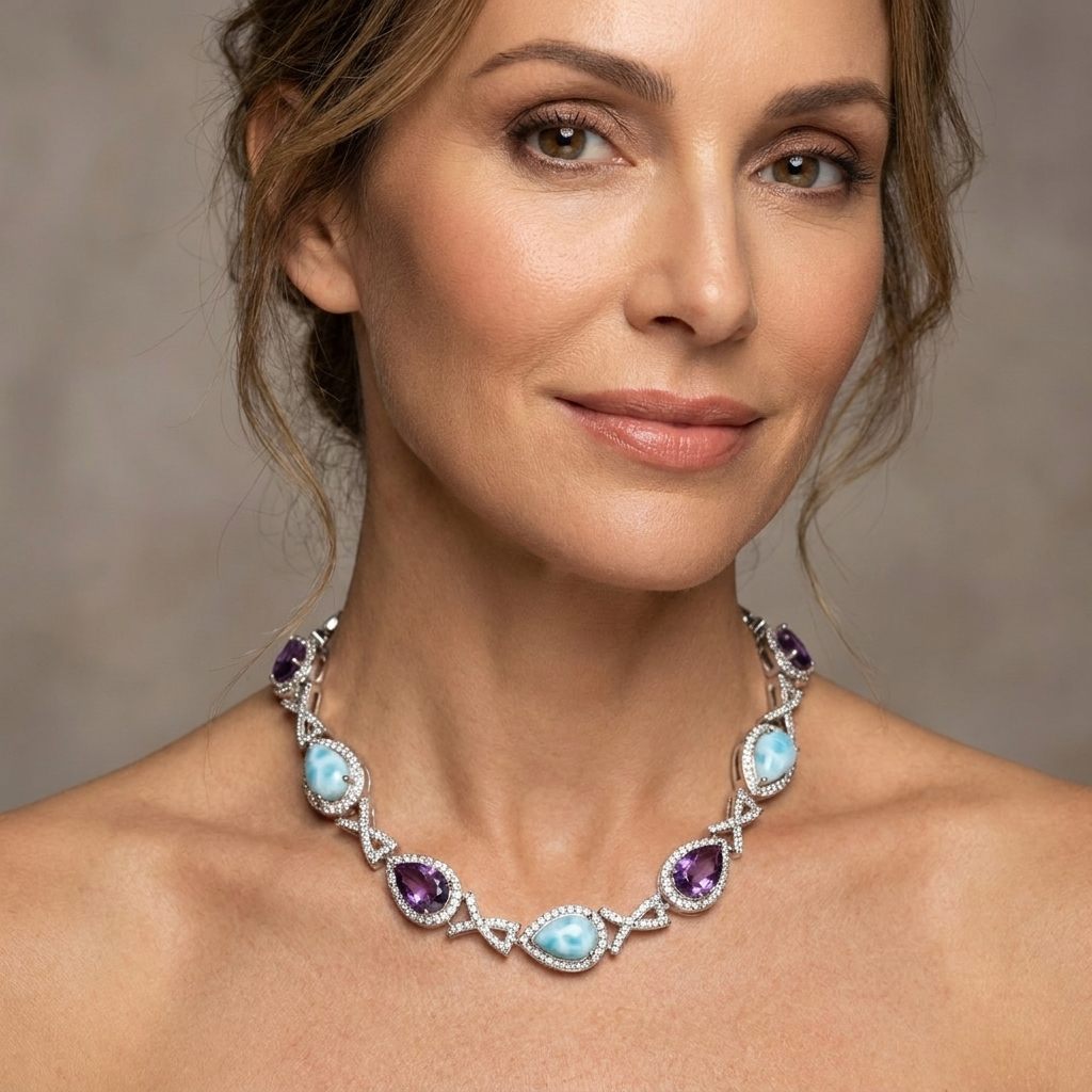 Sterling Silver Bracelet, set with 3 Larimar and 3 Amethyst stones, female design.