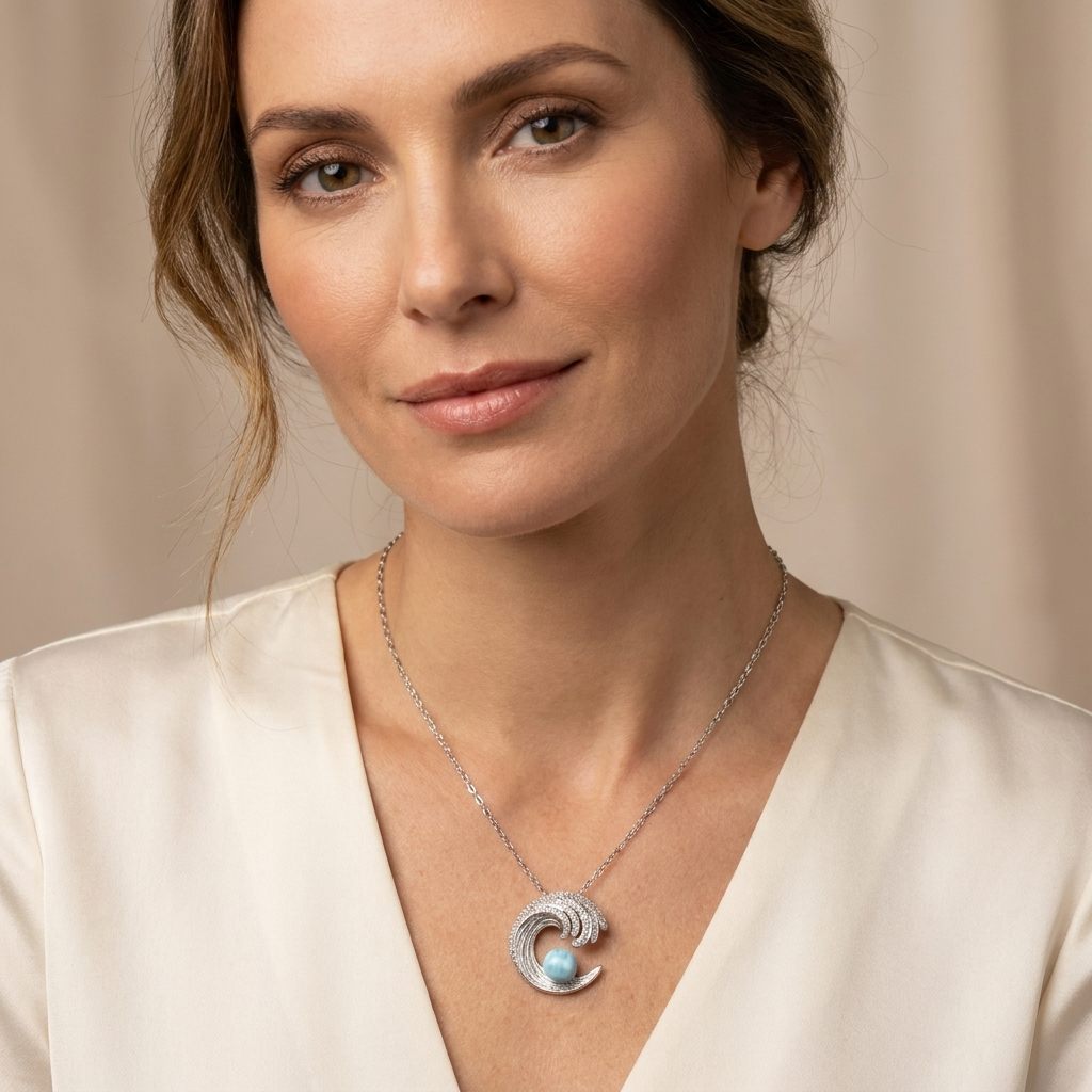 Sterling Silver (925) Necklace with 1 Blue Larimar Sphere Stone, Female.