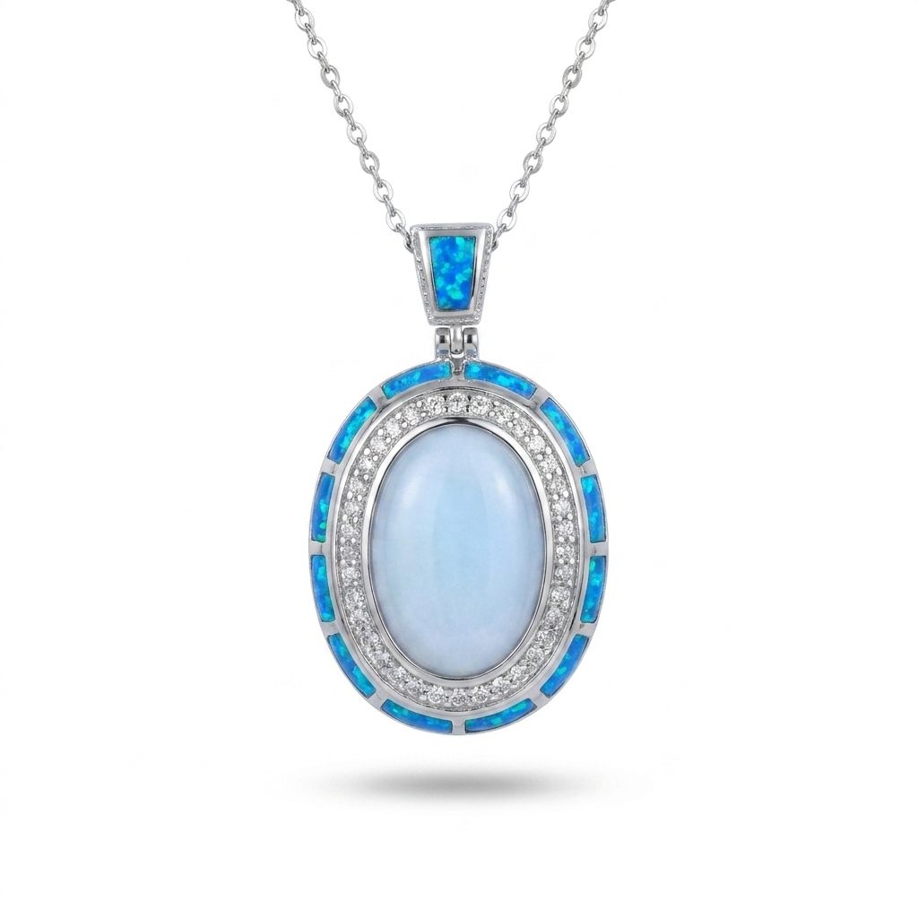Sterling Silver Necklace with 1 Oval Larimar Cabochon and Blue Opal Inlay, female style, 925 silver.