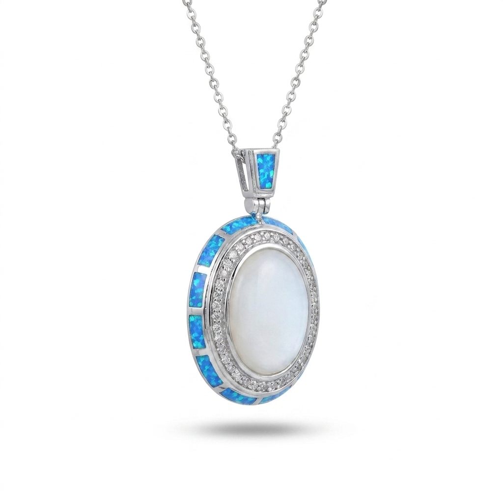 Sterling Silver Necklace with 1 Oval Larimar Cabochon and Blue Opal Inlay, female style, 925 silver.
