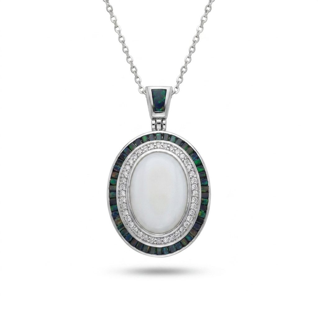 Sterling Silver Necklace with 1 Oval Larimar Cabochon and Blue Opal Inlay, female style, 925 silver.