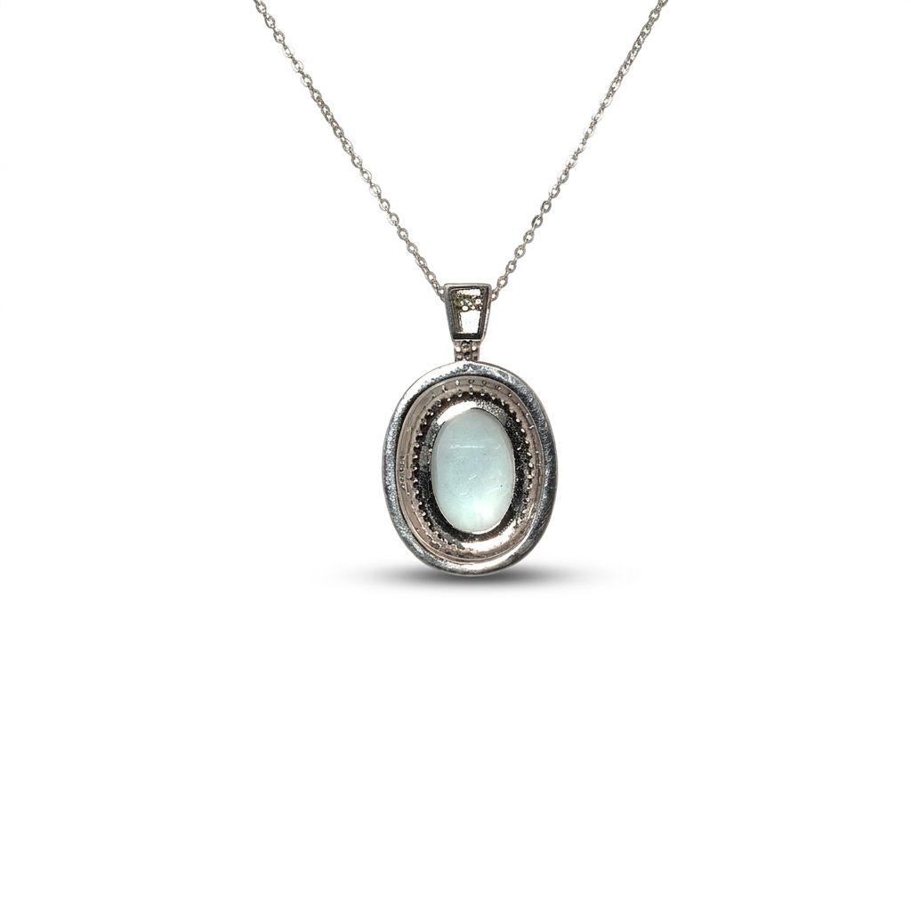Sterling Silver Necklace with 1 Oval Larimar Cabochon and Blue Opal Inlay, female style, 925 silver.