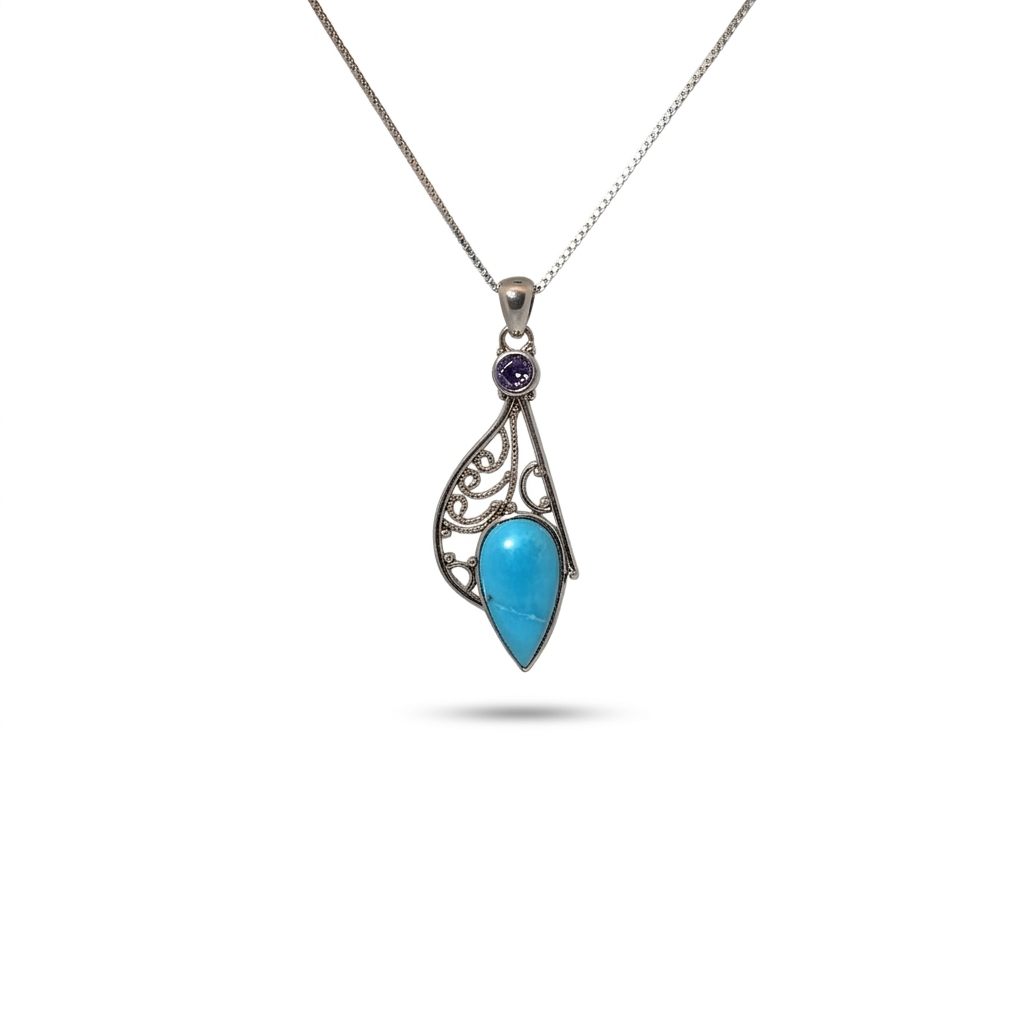 Sterling Silver Pendant Necklace with 1 Turquoise (Teardrop) and 1 Amethyst (Round) stones.