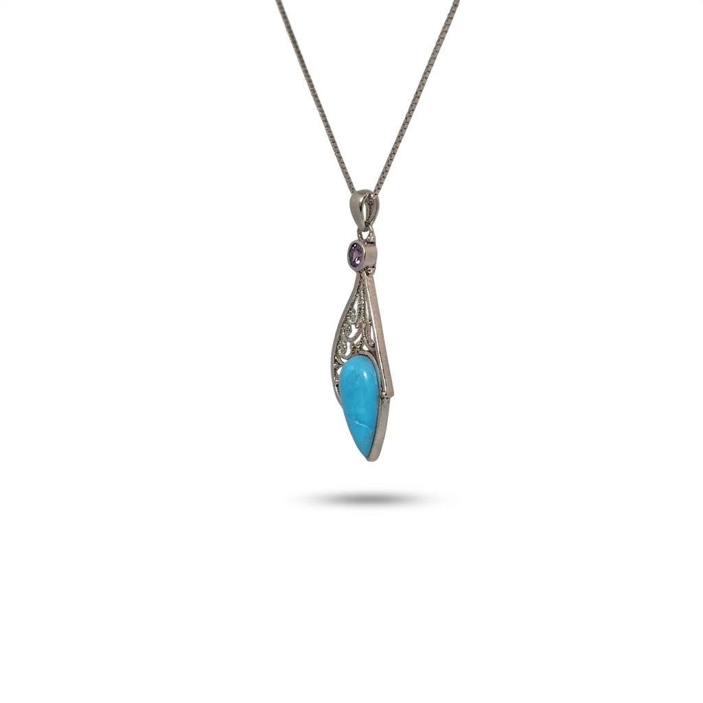 Sterling Silver Pendant Necklace with 1 Turquoise (Teardrop) and 1 Amethyst (Round) stones.