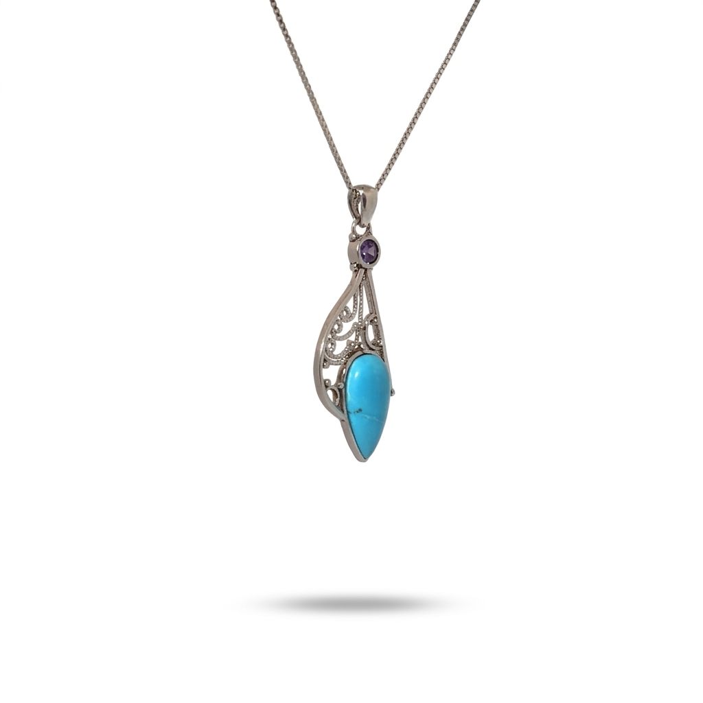 Sterling Silver Pendant Necklace with 1 Turquoise (Teardrop) and 1 Amethyst (Round) stones.