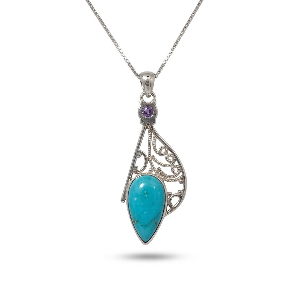 Sterling Silver Pendant Necklace with 1 Turquoise (Teardrop) and 1 Amethyst (Round) stones.