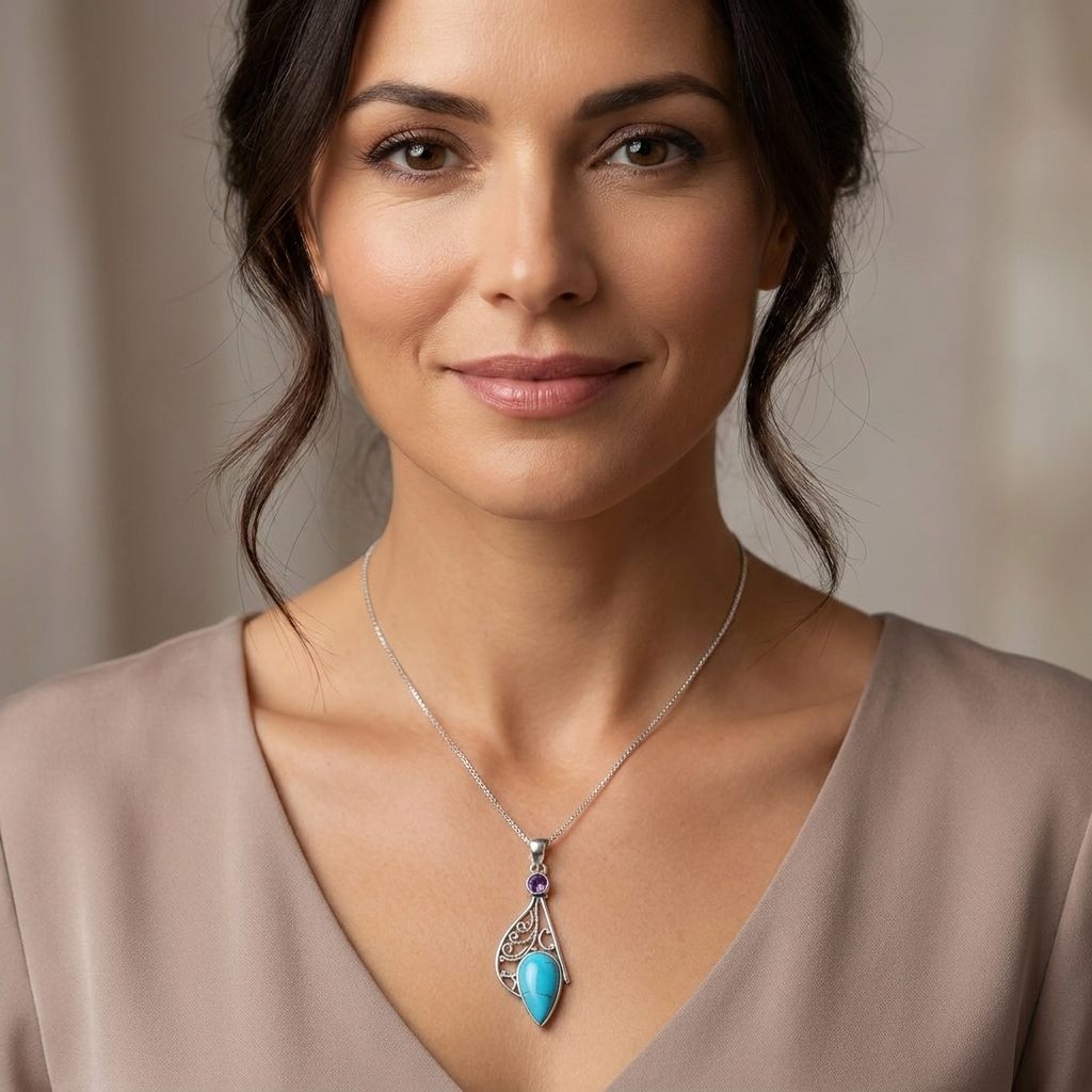 Sterling Silver Pendant Necklace with 1 Turquoise (Teardrop) and 1 Amethyst (Round) stones.