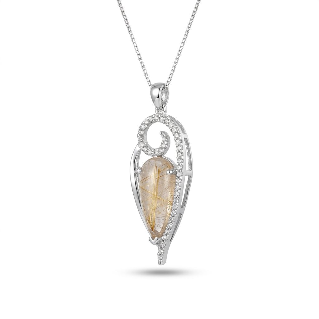 Sterling Silver Necklace with 1 Rutilated Quartz (gold rutile, 1pc) pendant.