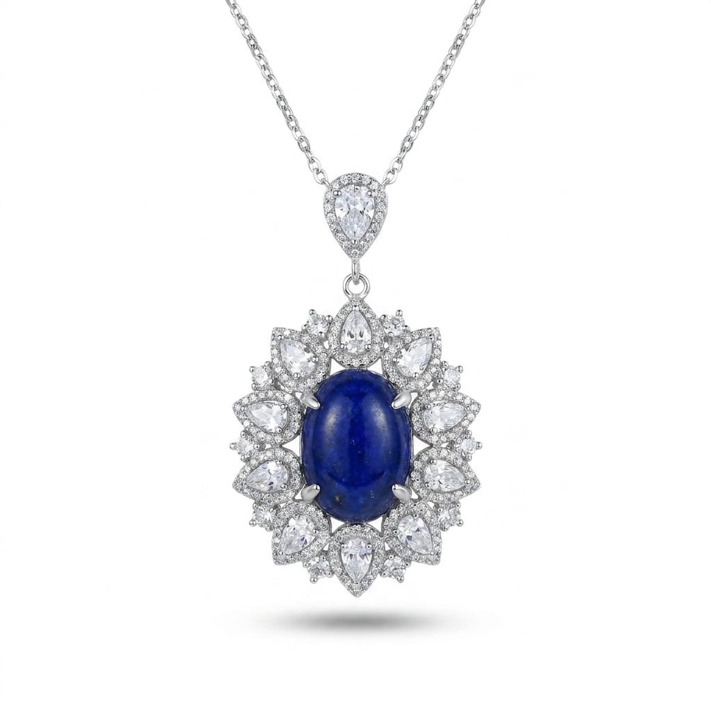 Sterling Silver Necklace, set with 1 Oval Lapis Lazuli and surrounded by multiple Clear Pear-shaped stones.
