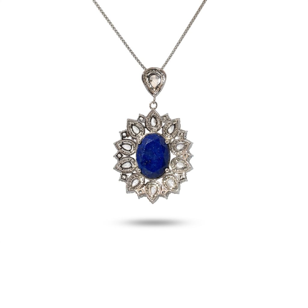 Sterling Silver Necklace, set with 1 Oval Lapis Lazuli and surrounded by multiple Clear Pear-shaped stones.
