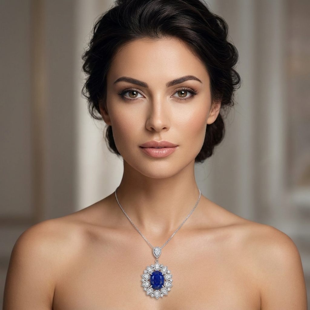 Sterling Silver Necklace, set with 1 Oval Lapis Lazuli and surrounded by multiple Clear Pear-shaped stones.
