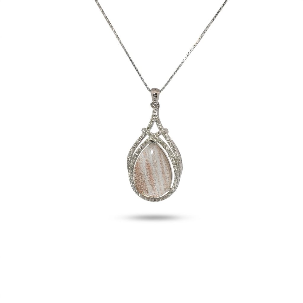Sterling Silver 925 Rhodium Plated Necklace with 1 Rutilated Quartz Gold Stone Pendant.