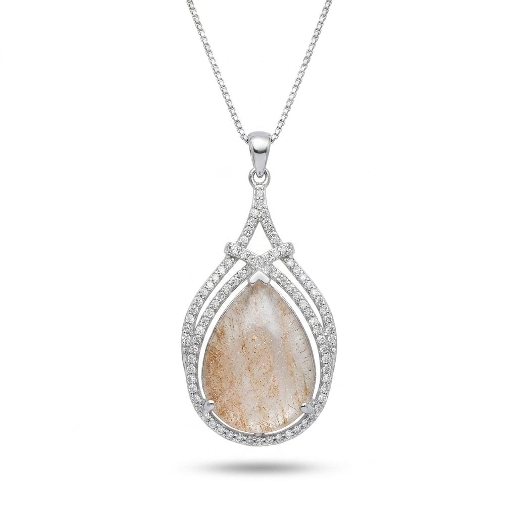 Sterling Silver 925 Rhodium Plated Necklace with 1 Rutilated Quartz Gold Stone Pendant.