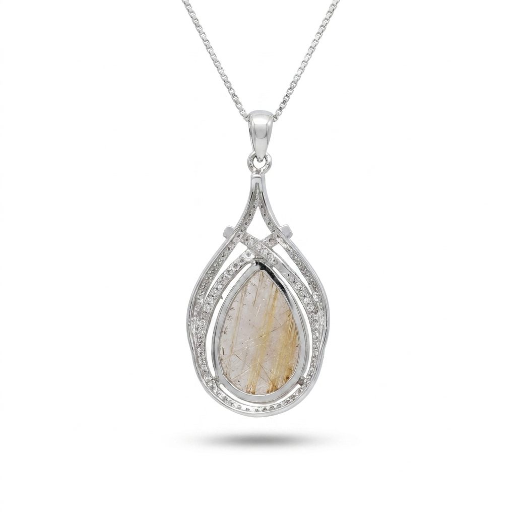 Sterling Silver 925 Rhodium Plated Necklace with 1 Rutilated Quartz Gold Stone Pendant.