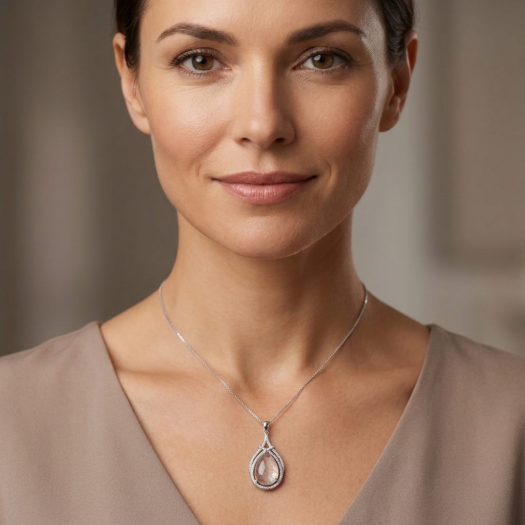 Sterling Silver 925 Rhodium Plated Necklace with 1 Rutilated Quartz Gold Stone Pendant.