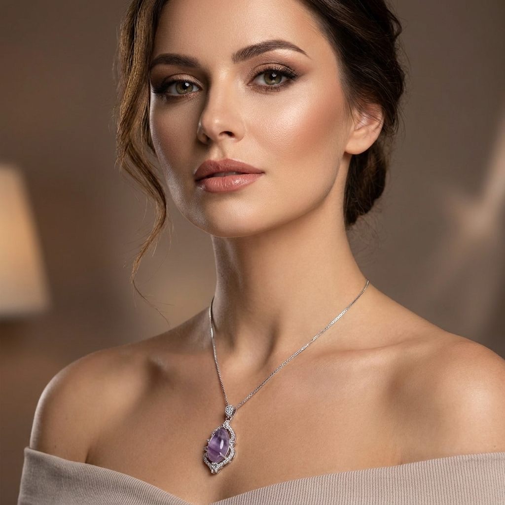 Sterling Silver 925 Rhodium Plated Necklace, set with 1 Pear-Shaped Amethyst, 1pc.