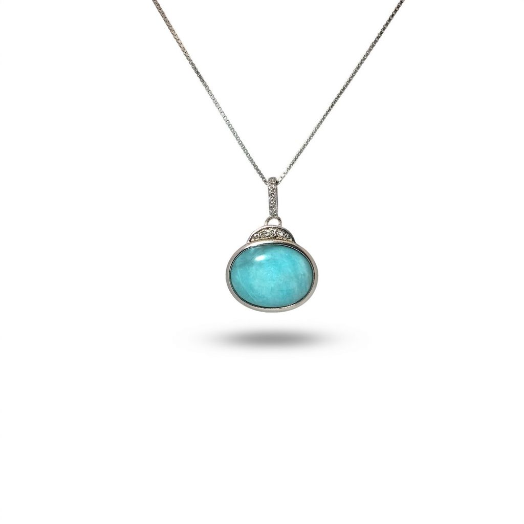 Sterling Silver 925 Rhodium Plated Necklace, set with 1 Blue Larimar Cabochon.