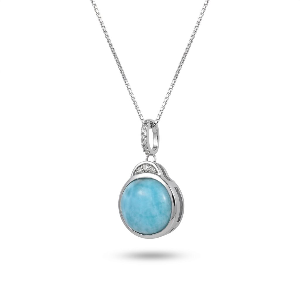 Sterling Silver 925 Rhodium Plated Necklace, set with 1 Blue Larimar Cabochon.