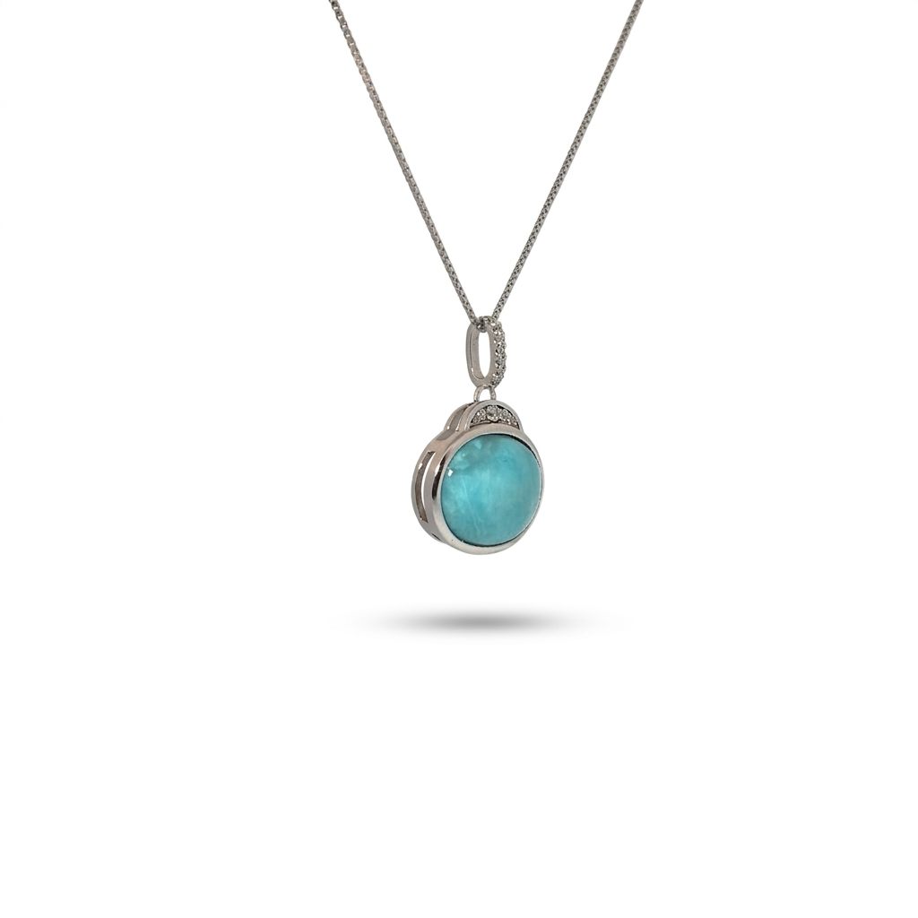 Sterling Silver 925 Rhodium Plated Necklace, set with 1 Blue Larimar Cabochon.