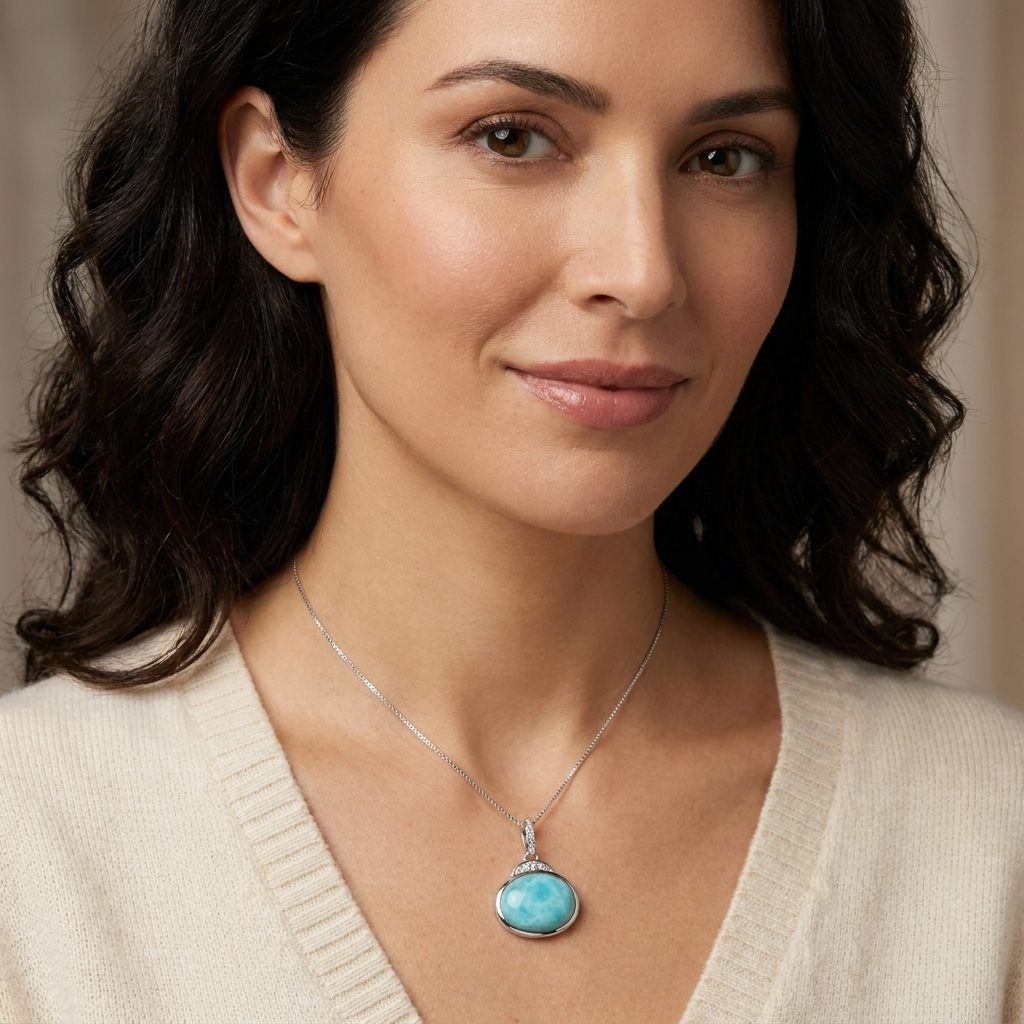 Sterling Silver 925 Rhodium Plated Necklace, set with 1 Blue Larimar Cabochon.