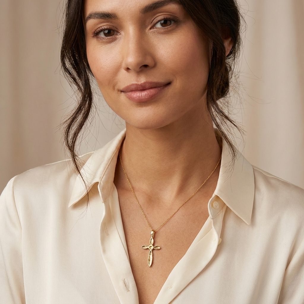 14K Yellow Gold Necklace, unisex, chain with a small cross pendant.