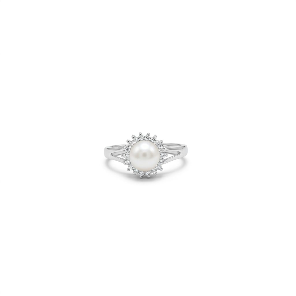 Fresh Water white pearl Designer Ring with Nat Dia (0.10CT) Size 6.25, 14K White Gold