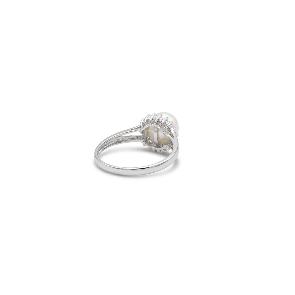 Fresh Water white pearl Designer Ring with Nat Dia (0.10CT) Size 6.25, 14K White Gold