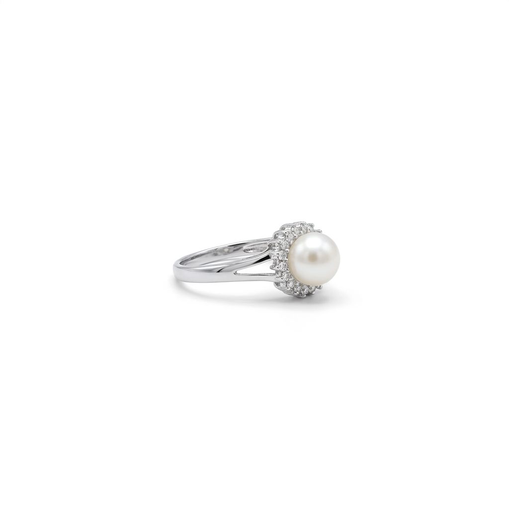 Fresh Water white pearl Designer Ring with Nat Dia (0.10CT) Size 6.25, 14K White Gold